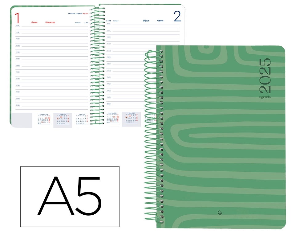 Agenda espiral liderpapel syros 15x21 cm 2025 dia pagina simple espiral color  ***verde*** papel 60 gr. REF. 170427