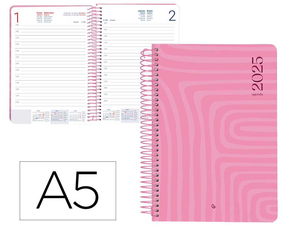 Agenda espiral liderpapel syros 15x21 cm 2025 dia pagina simple espiral ***color rosa papel*** 60 gr. REF: 170422