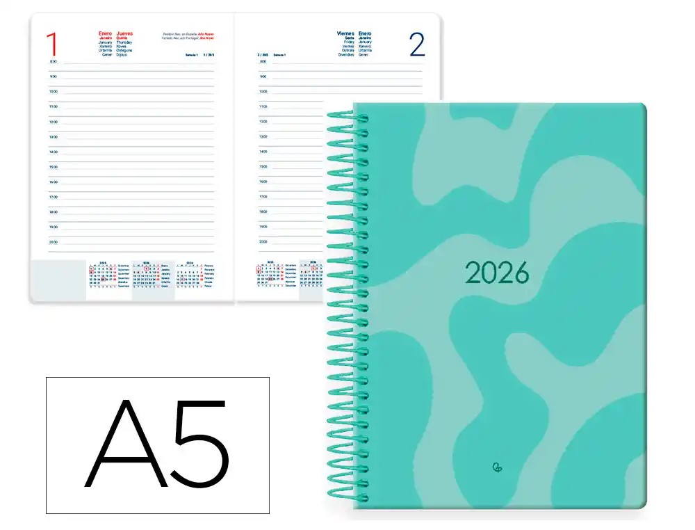 Agenda espiral liderpapel syros 15x21 cm 2026 dia pagina simple espiral color  ***verde*** papel 60 gr. REF. 173193