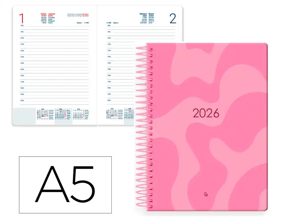 Agenda espiral liderpapel syros 15x21 cm 2026 dia pagina simple espiral ***color rosa papel*** 60 gr. REF: 173192