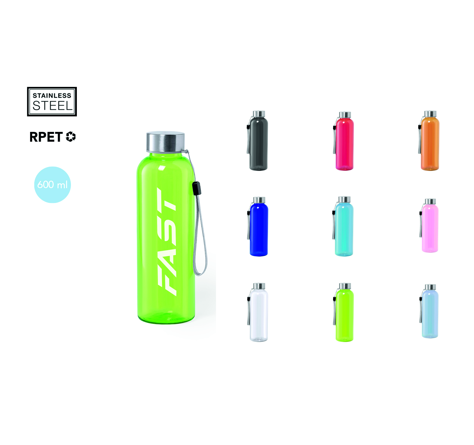 BIDON DE AGUA FABRICADO EN RPET DE 600ML CAPACIDAD LIBRE DE BPA TAPON DE ACERO INOXIDABLE A ROSCAR