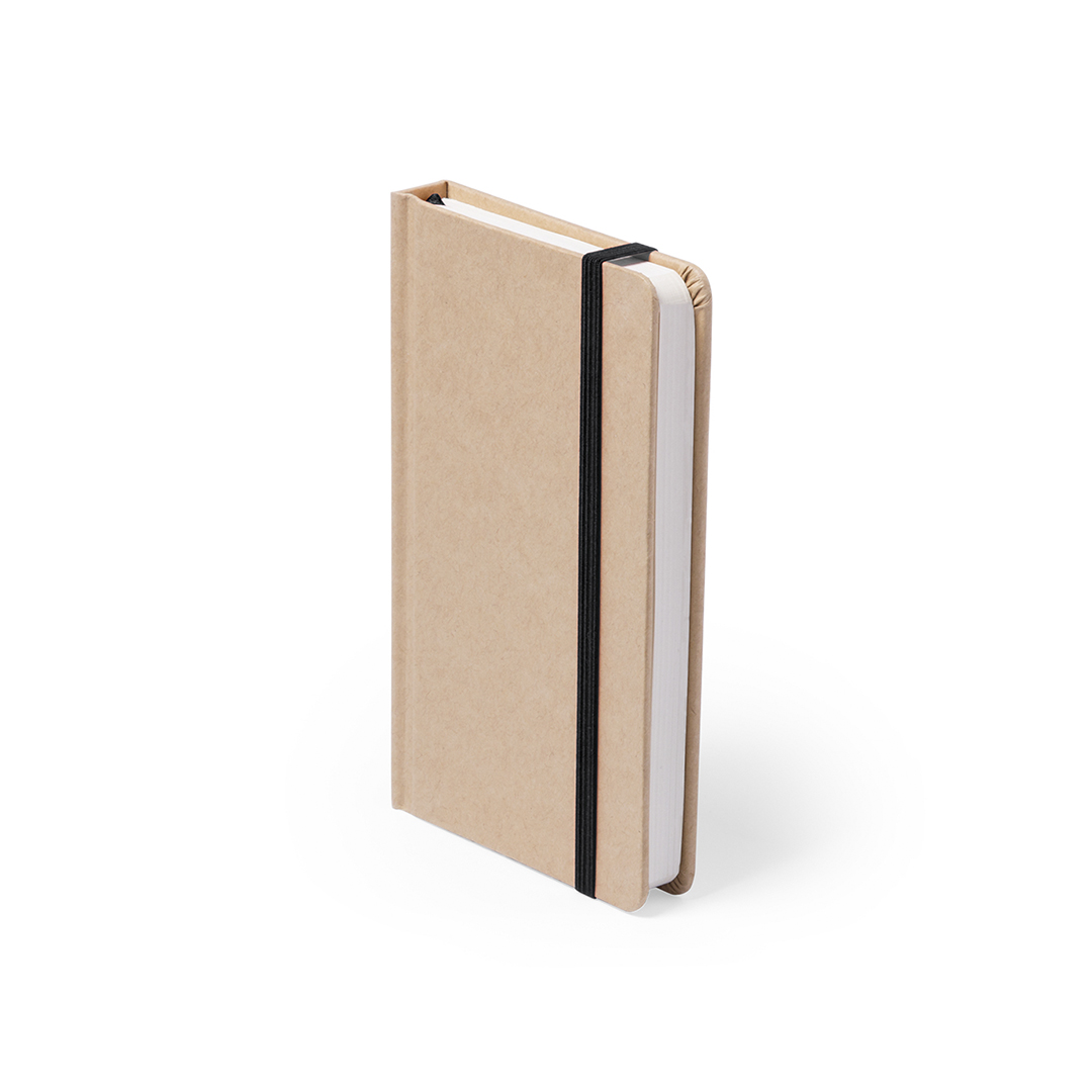 BLOC NOTA EN TAPA NATRUAL Y CIERRE ELASTICO TAMAÑO 9X14CM  DE 100 HOJAS BLANCAS