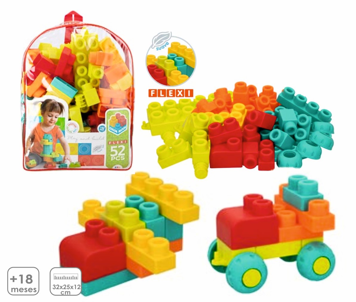 BOLSA DE 52 PIEZAS DE BLOQUES DE CONSTRUCCION BLANDOS Y FLEXIBLES COLOR BLOCK