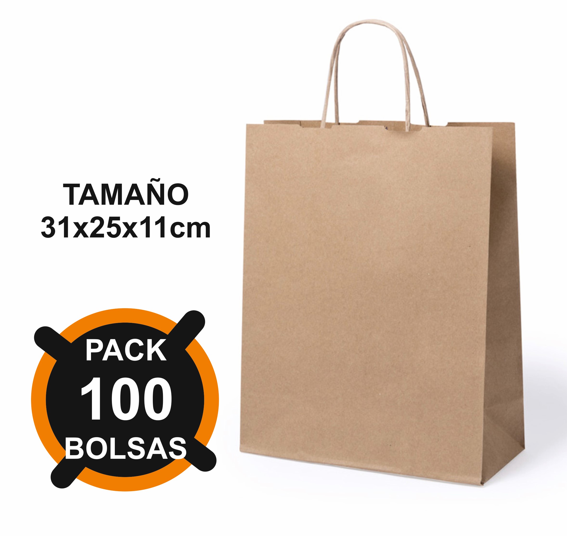 BOLSA DE PAPEL KRAFT CON ASA DE 31x25x11CM ***PACK DE 100 BOLSAS***