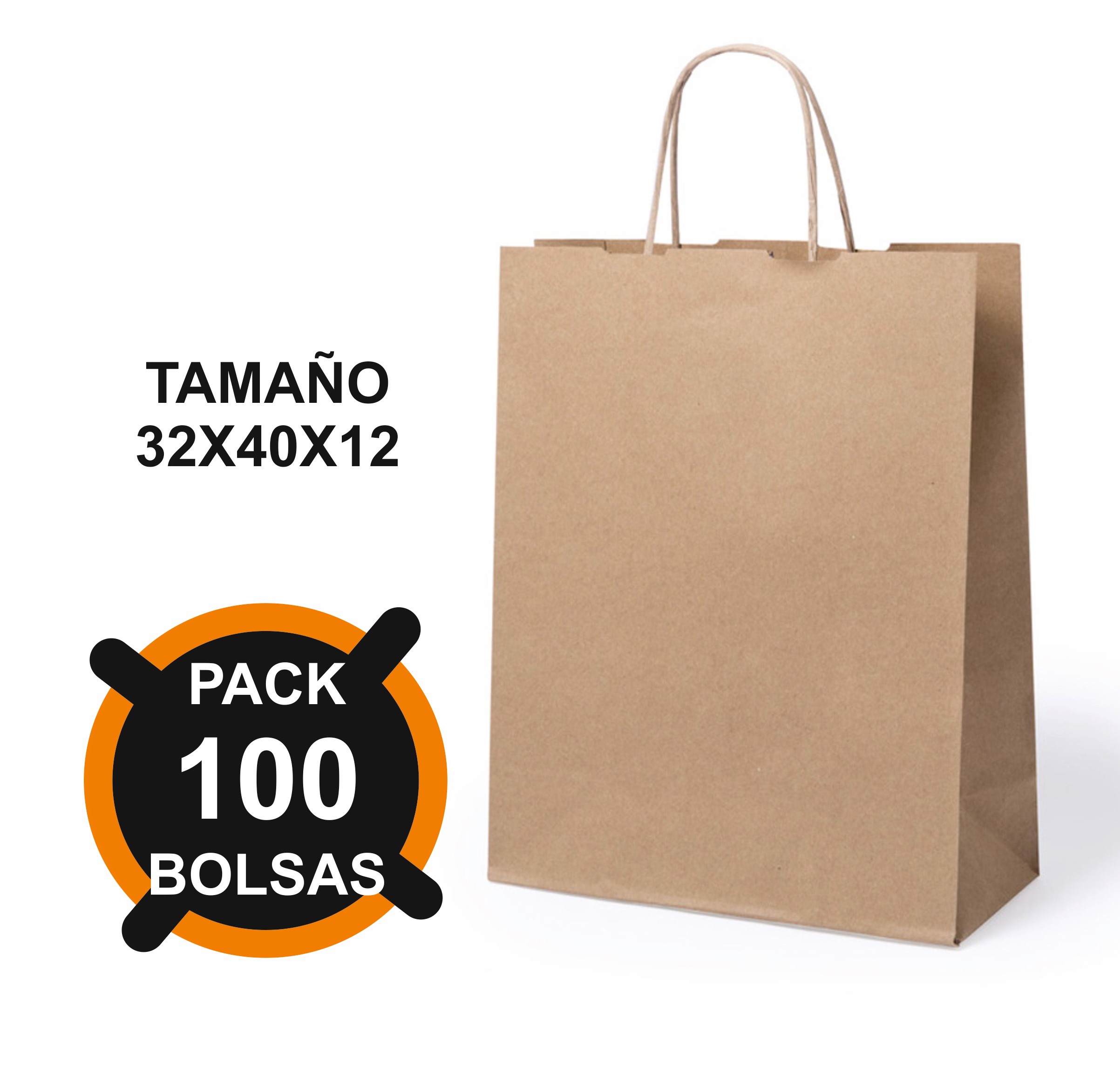 BOLSA DE PAPEL KRAFT CON ASA DE 32X40X12CM ***PACK DE 100 BOLSAS***