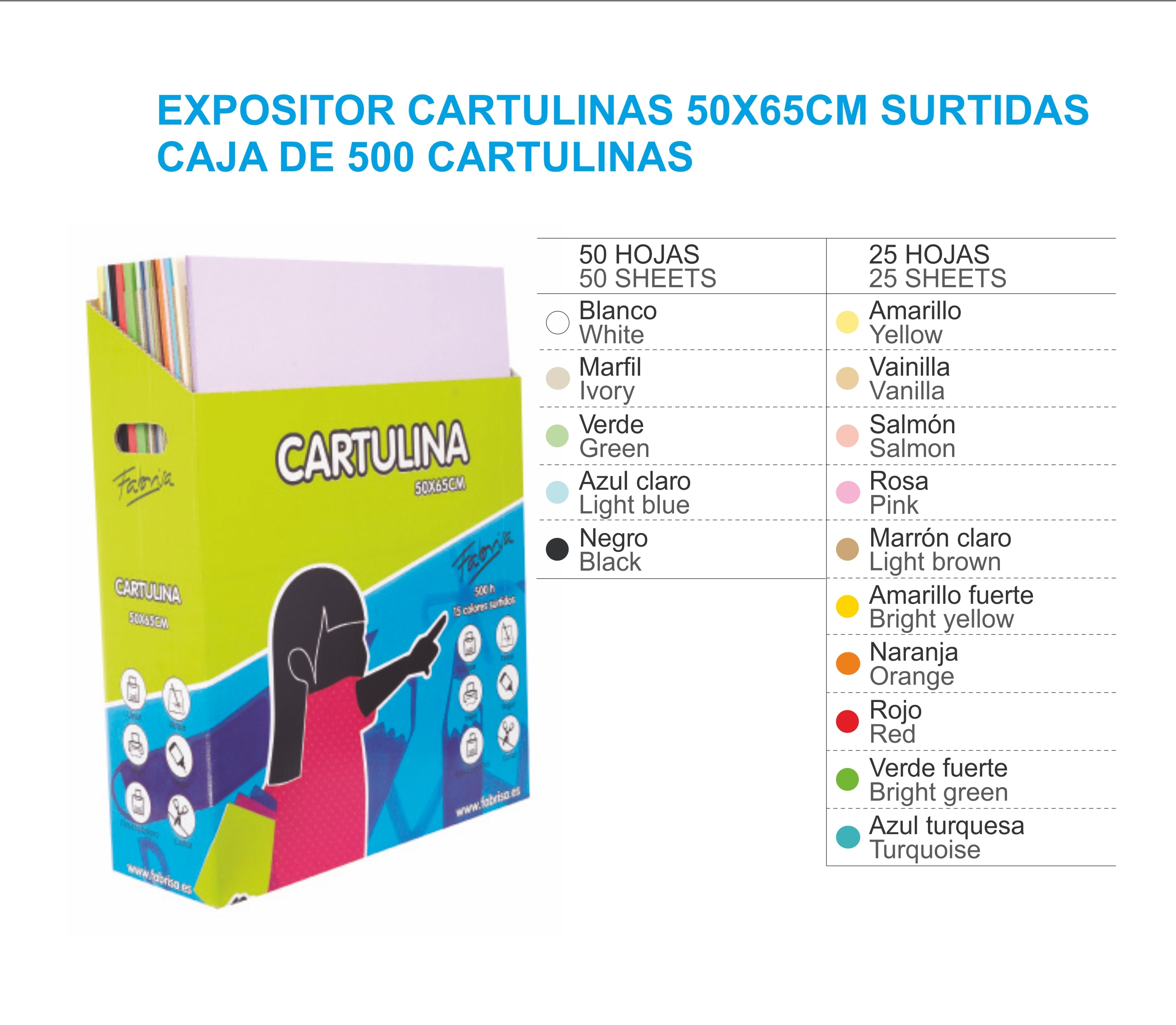 CAJA EXPOSITORA DE 500 CARTULINAS DE 50X65CM COLORES SURTIDOS 17780