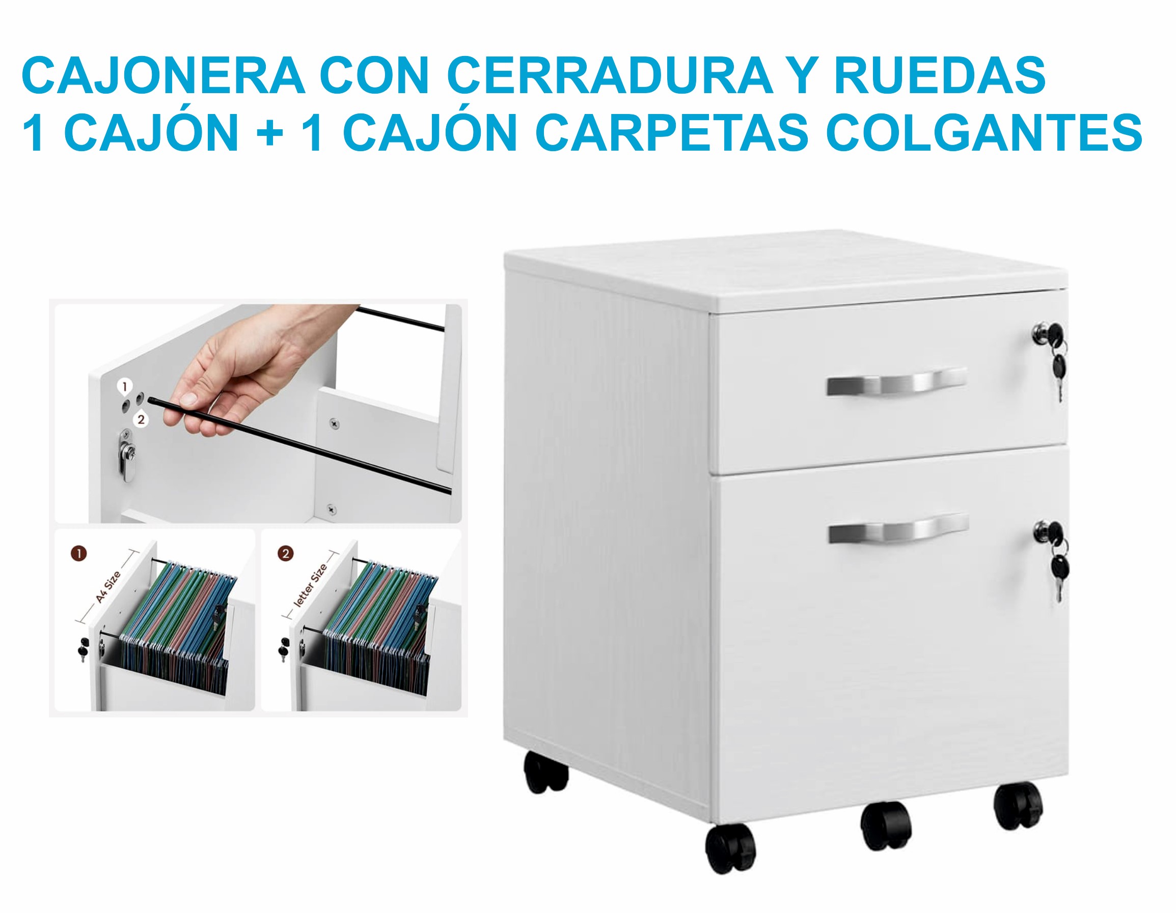 CAJONERA 2 CAJONES UNO PARA CARPETAS COLGANTES CON CERRADURA COLOR BLANCO DE 55X45X41CM