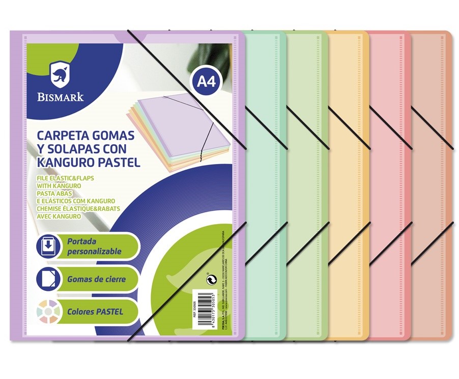 CARPETA A4 PLASTICO COLORES PASTEL Y PORTADA KANGURO PERSONALIZABLE SOLAPAS Y GOMA REF. 330505