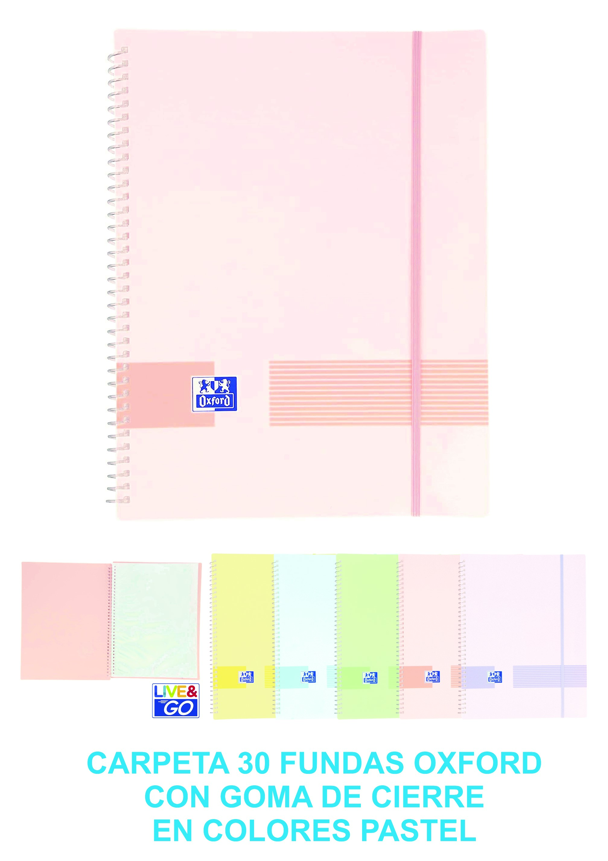 CARPETA DE FUNDAS ESPIRAL LIVE & GO TAPA PLASTICO A4 CON GOMA CIERRE Y 30 FUNDAS COLORES PASTEL REF: 400146218