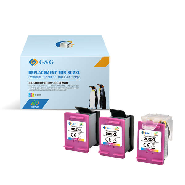 CARTUCHO COMPATIBLE G&G HP 302XL Color Pack de 3 Cartuchos de Tinta Remanufacturados - Eco Saver - Muestra Nivel de Tinta - Reemplaza F6U67AE/F6U65AE/