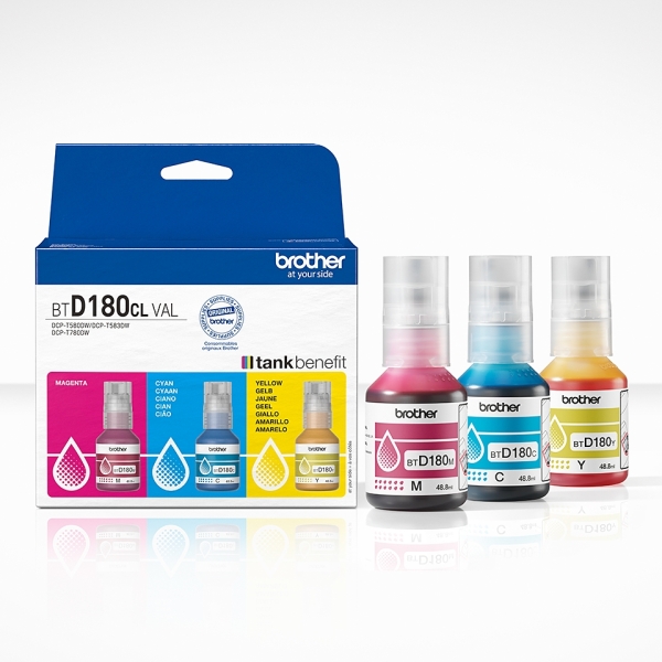CARTUCHO ORIGINAL Brother BTD180CLVAL Pack de 3 Botellas de Tinta Original Cyan, Magenta y Amarillo - BTD180CLVAL