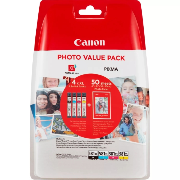 CARTUCHO ORIGINAL Canon CLI581 Pack de 4 Cartuchos de Tinta Originales - 50 Hojas de Papel Fotografico - 2106C005/2106C006