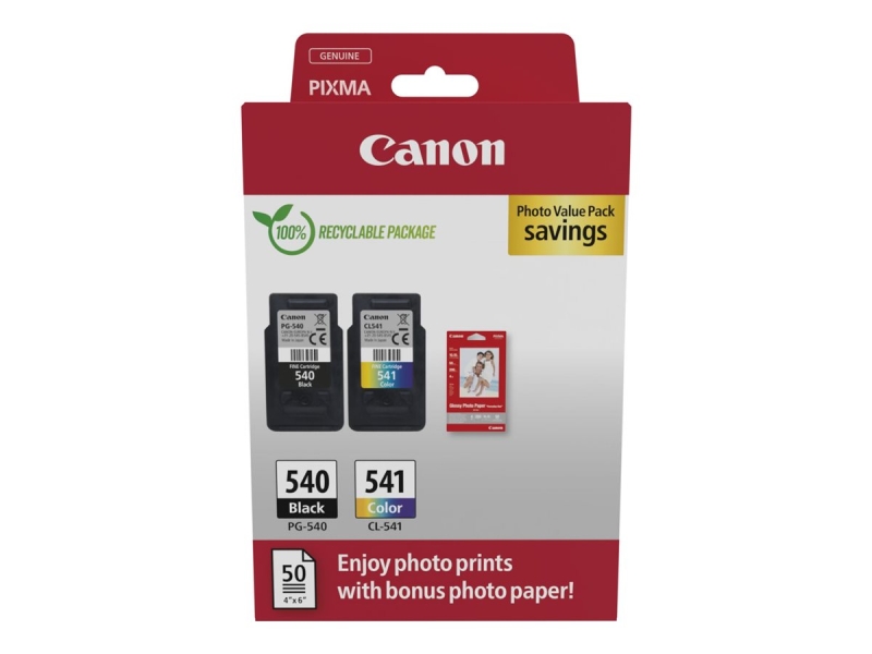 CARTUCHO ORIGINAL Canon PG540 Negro + CL541 Color Pack de 2 Cartuchos de Tinta Originales + 50 Hojas de Papel Fotografico - 5225B013