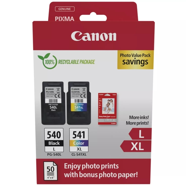 CARTUCHO ORIGINAL Canon PG540L Negro + CL541XL Color Pack de 2 Cartuchos de Tinta Originales - 50 Hojas de Papel Fotografico - 5224B012/5224B007/5224B