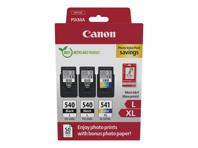 CARTUCHO ORIGINAL Canon PG540L Negro + CL541XL Color Pack de 3 Cartuchos de Tinta Originales + 50 Hojas de Papel Fotografico - 5224B015