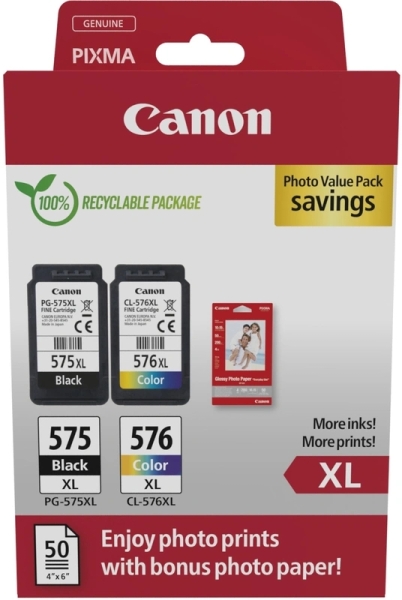 CARTUCHO ORIGINAL Canon PG575XL/CL576XL Multipack de 2 Cartuchos de Tinta Originales + 50 Hojas de Papel Fotografico - 5437C006