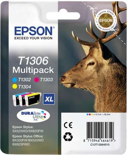 CARTUCHO ORIGINAL Epson T1306 Pack de 3 Cartuchos de Tinta Originales - Cian, Magenta, Amarillo - C13T13064012