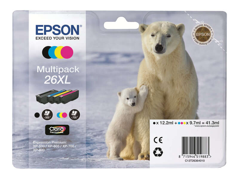 CARTUCHO ORIGINAL Epson T2636 (26XL) Pack de 4 Cartuchos de Tinta Originales - C13T26364010