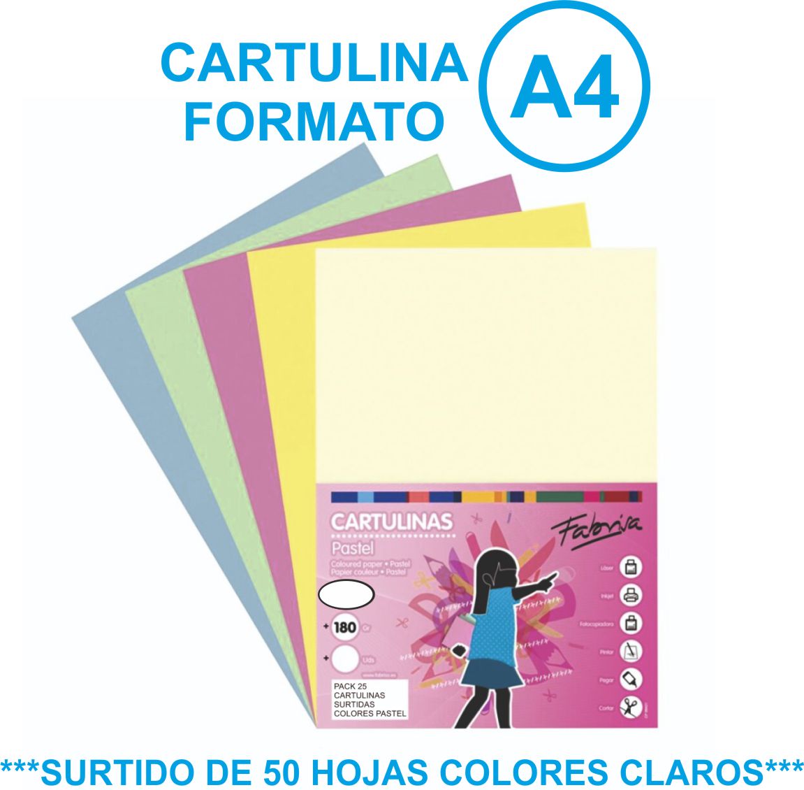 CARTULINA SURTIDO A4 COLORES PASTEL PAQUETE 50 HOJAS REF: 15448