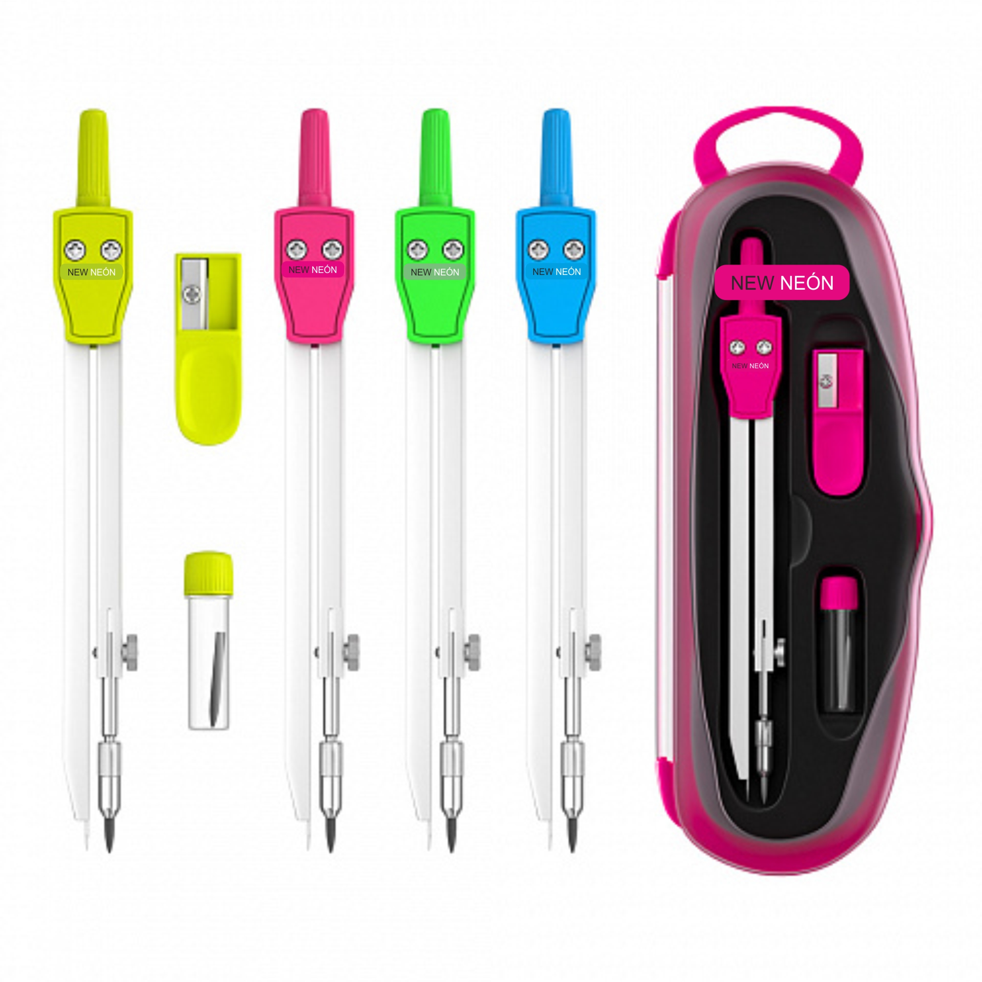 COMPAS CONJUNTO DE 3 PIEZAS CON ESTUCHE EN COLORES NEON