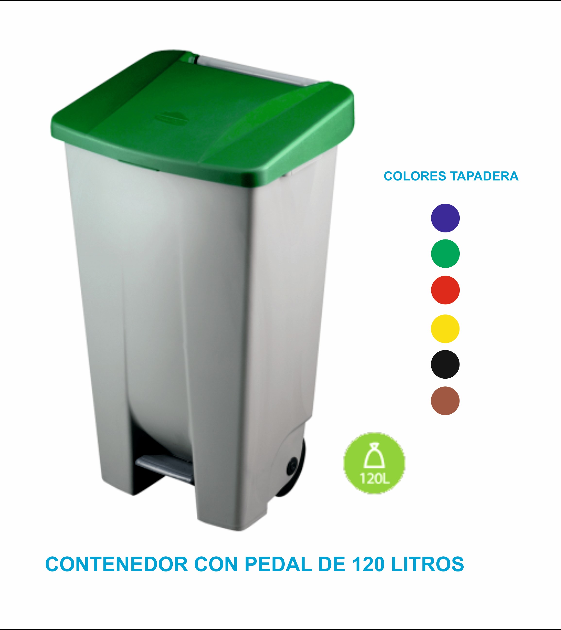 CONTENEDOR CON RUEDAS Y ELEVACION  A PEDAL CON TAPA  510X425X875MM  DE 120 LITROS REF. 23400 TAPA COLOR A ELEGIR