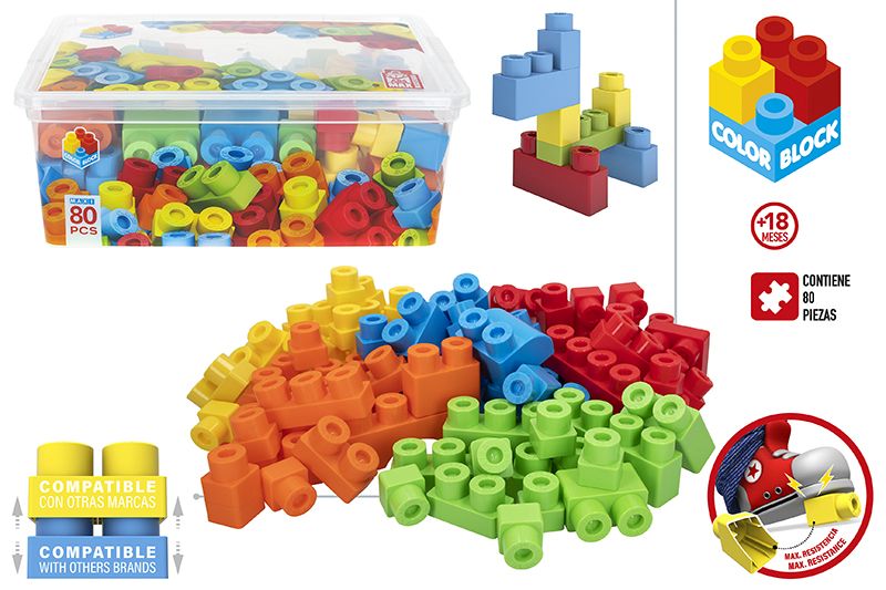 CONTENEDOR DE 80 PIEZAS BLOQUES DE CONSTRUCCION COLOR BLOCK DUROS MAXIMA RESISTENCIA