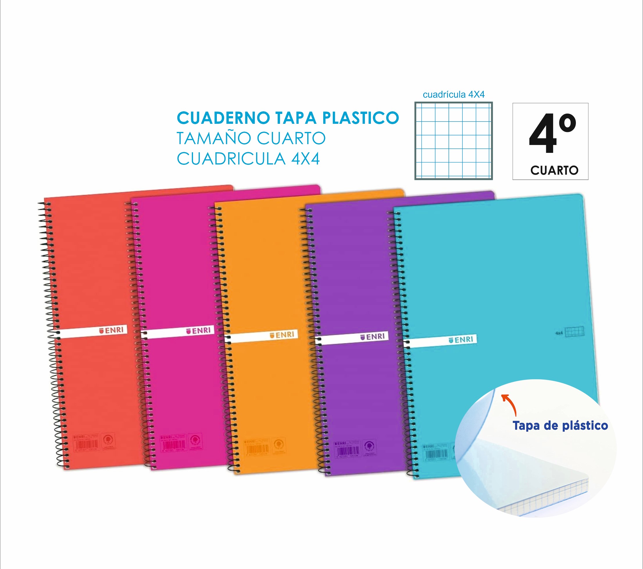 CUADERNO CUARTO CUADRICULA 4X4  90GR TAPA PLASTICO ENRI 80H REF. 6485-90
