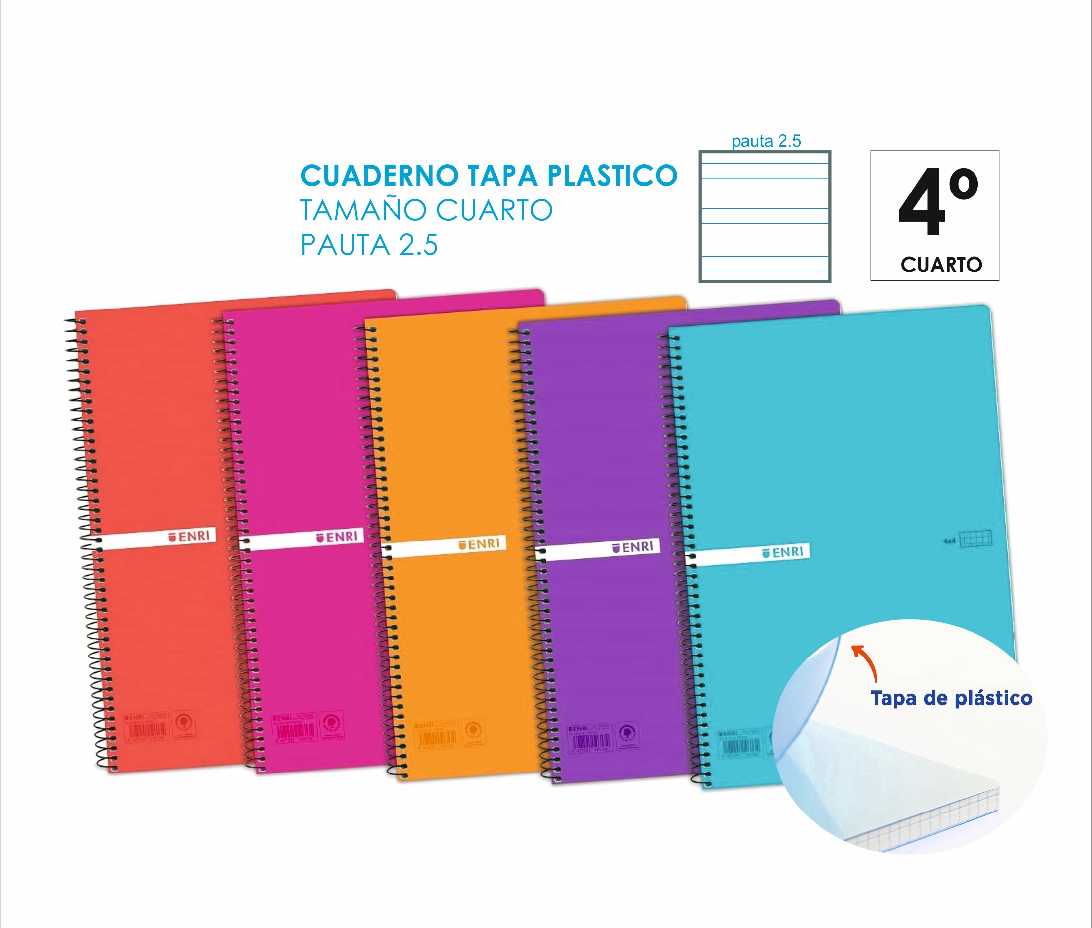 CUADERNO CUARTO PAUTA 2.5 90GR TAPA PLASTICO ENRI 80H REF. 6488-90