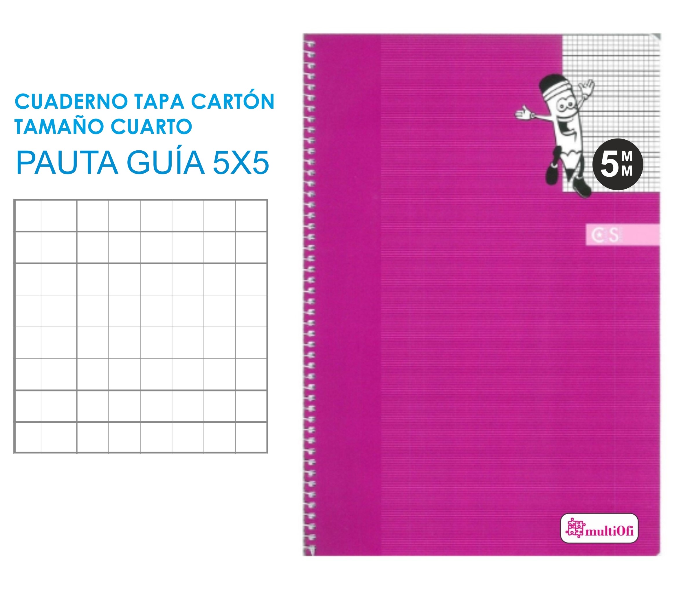 CUADERNO CUARTO TAPA CARTON 40 HOJAS PAPEL 70 GRAMOS ***PAUTA GUIA 5MM**