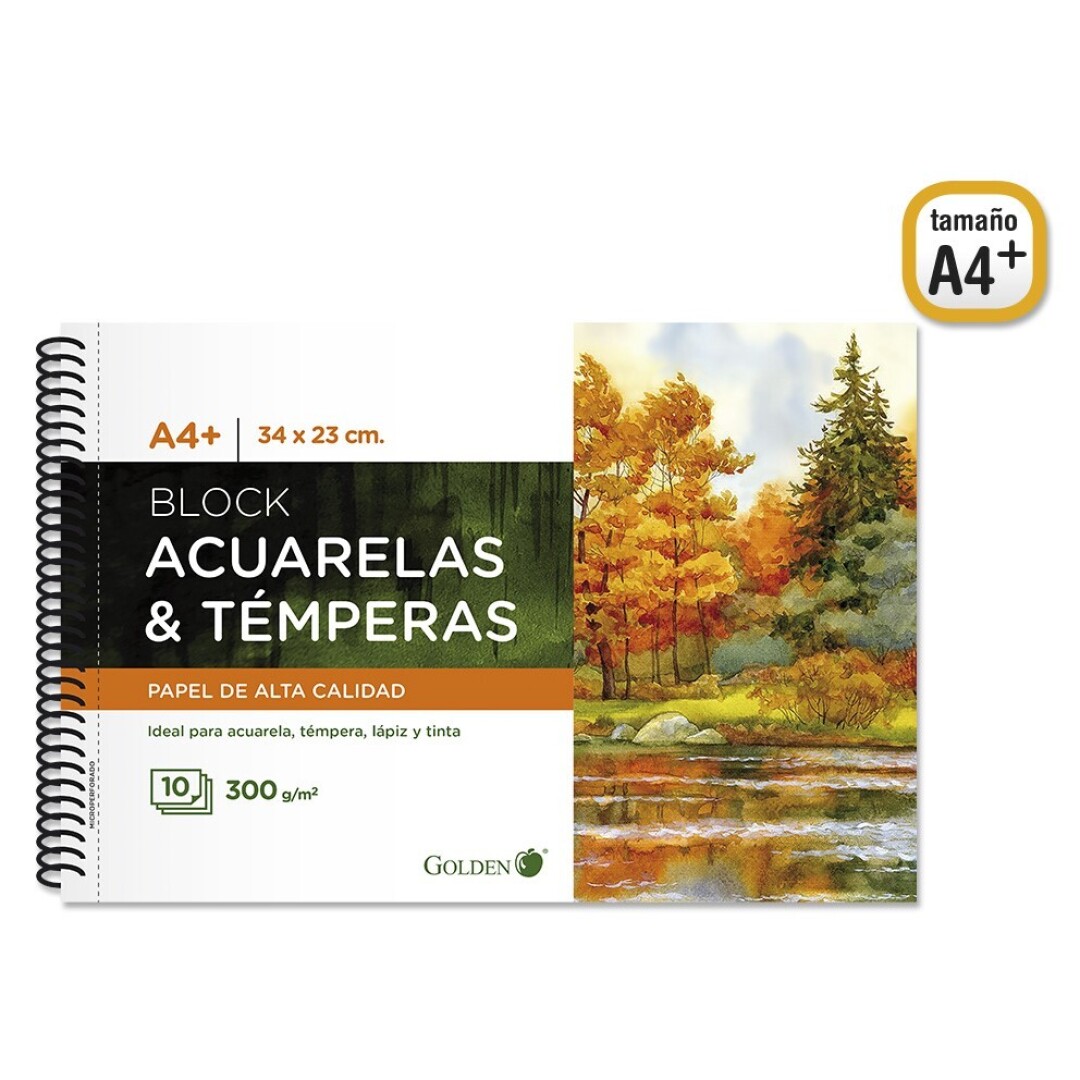 CUADERNO DIBUJO ACUARELAS GOLDEN TAMAÑO A4+ DE 10 HOJAS Y DE 300 GRAMOS