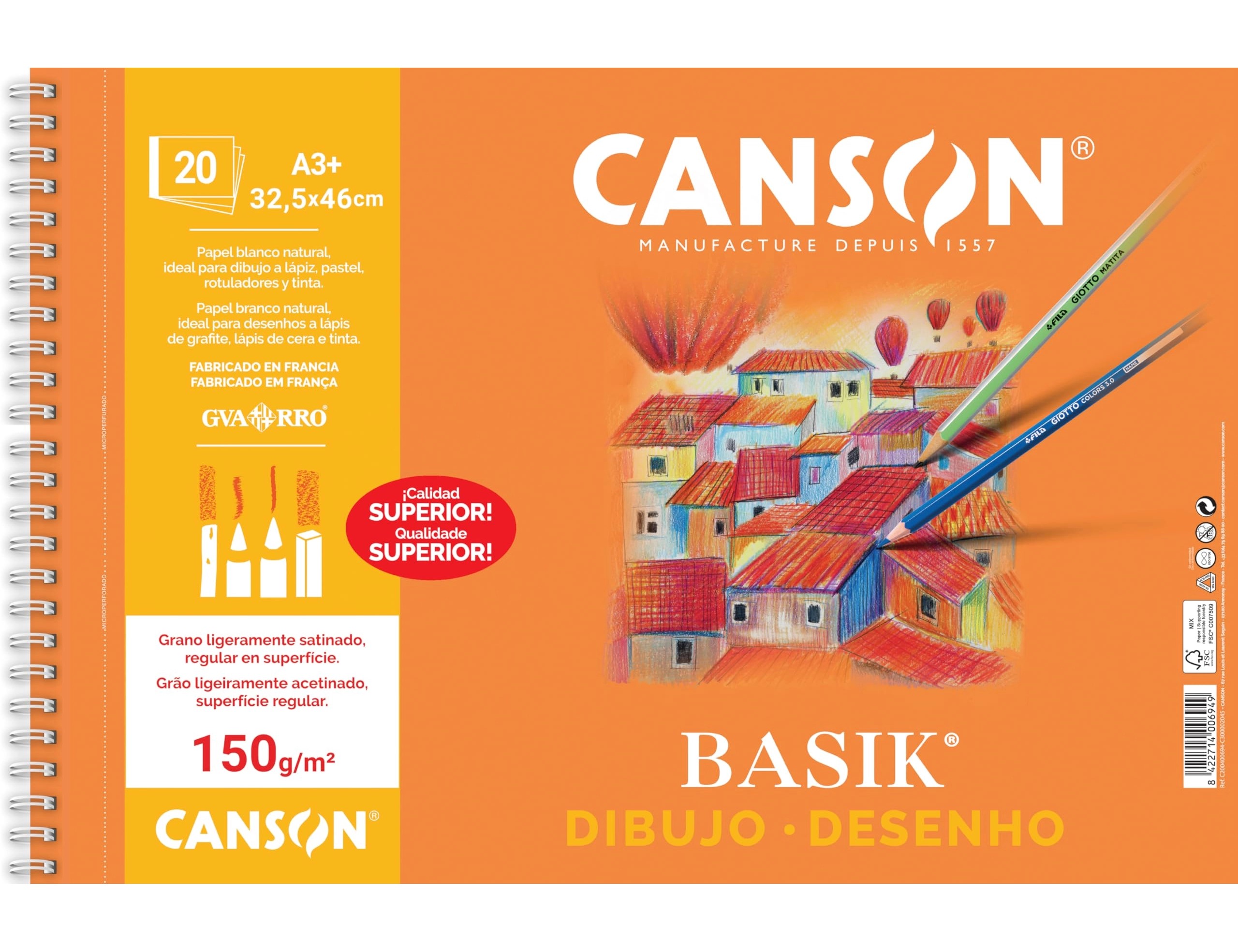 CUADERNO DIBUJO CANSON A3 LISO  20 HOJAS BASIK 150G A3+  MICROPERFORADO REF.: C200400694