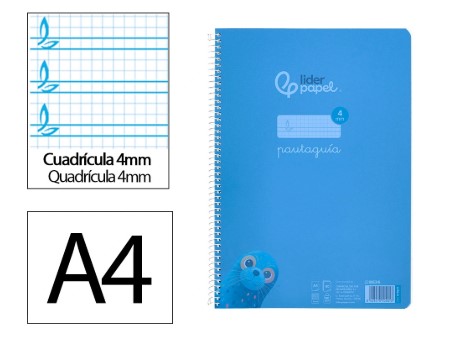 CUADERNO ESPIRAL A4 PAUTAGUIA ***TAPA PLASTICO*** 80H 90GR CUADRO PAUTADO 4MM CON MARGEN COLOR AZUL.