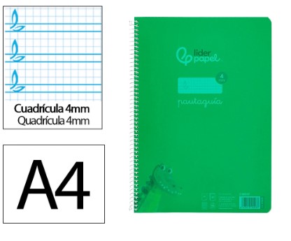 CUADERNO ESPIRAL A4 PAUTAGUIA TAPA PLASTICO 80H 90GR CUADRO PAUTADO 4MM CON MARGEN COLOR VERDE.