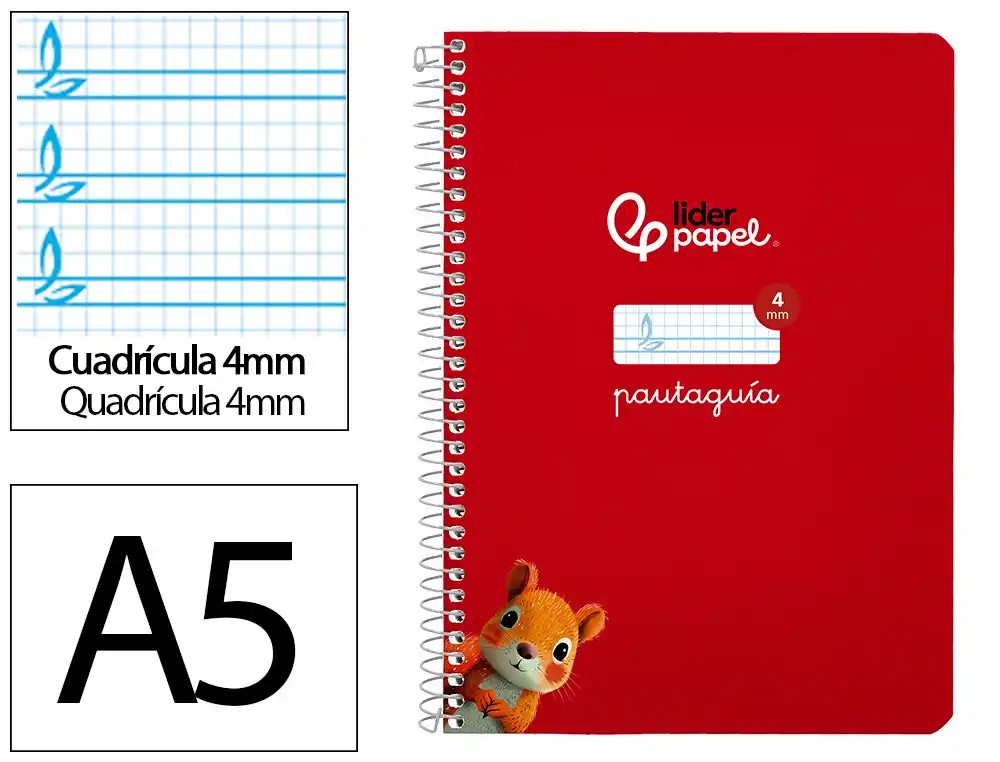 CUADERNO ESPIRAL A5 CUARTO PAUTAGUIA 4MM ***TAPA BLANDA*** HOJAS  ***ROJO***
