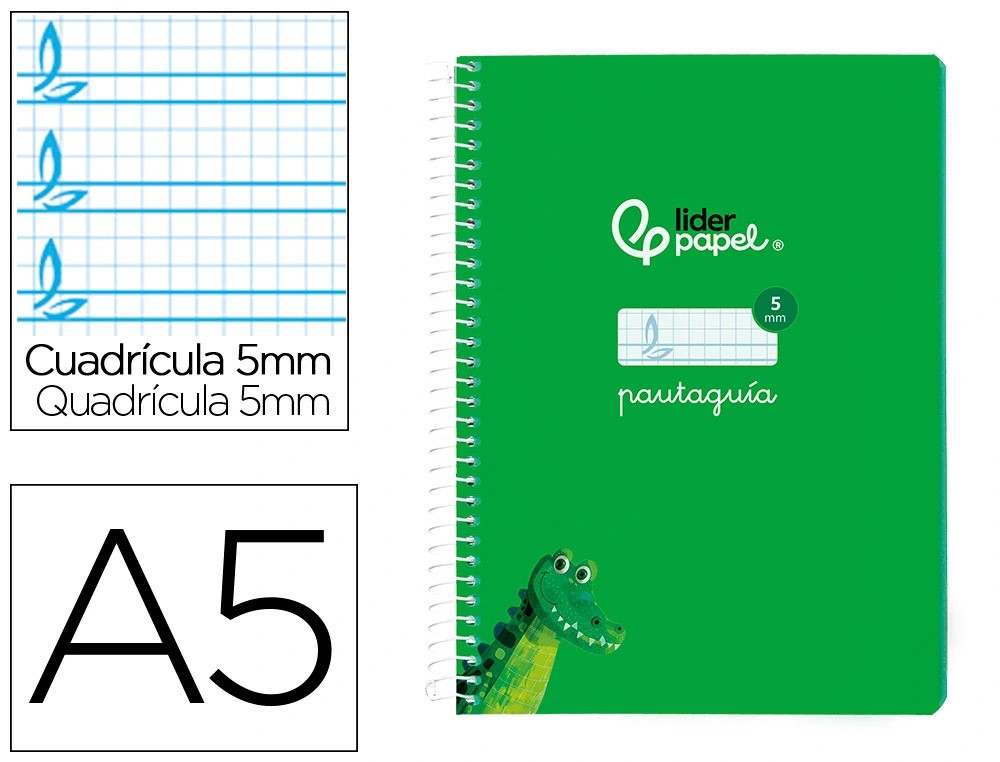 CUADERNO ESPIRAL A5 CUARTO PAUTAGUIA 5MM ***TAPA BLANDA*** HOJAS  ***VERDE***