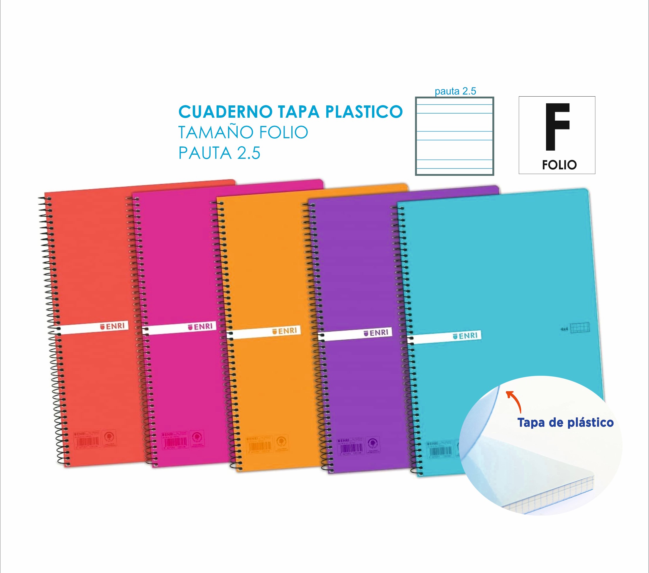 CUADERNO FOLIO PAUTA 2.5 90GR TAPA PLASTICO ENRI 80H REF. 6288