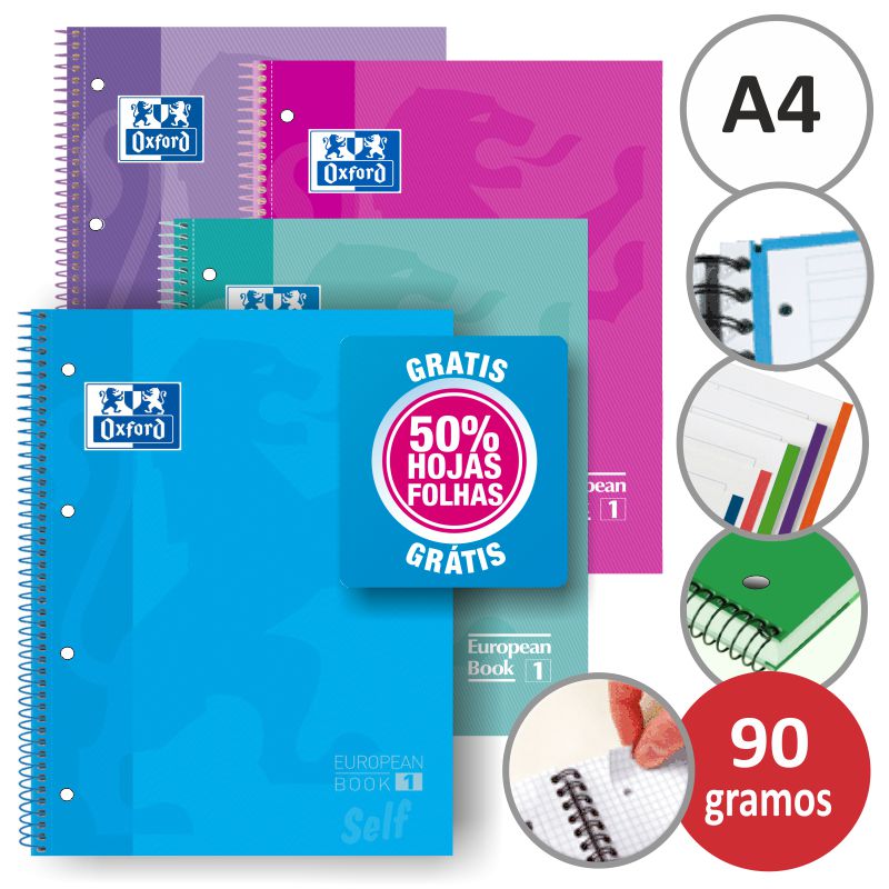 CUADERNO OXFORD A4 CUADRO 5X5 120 HOJAS 90GR CON 5 GRECAS DE COLOR REF: 400088484