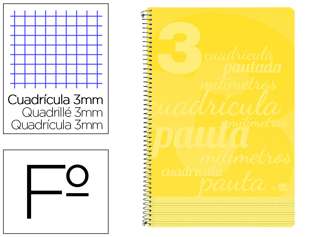 CUADERNOS  FOLIO ***TAPA PLASTICO***AMARILLO*** RAYADO ***PAUTA GUIA DE 3MM*** LIDERPAPEL