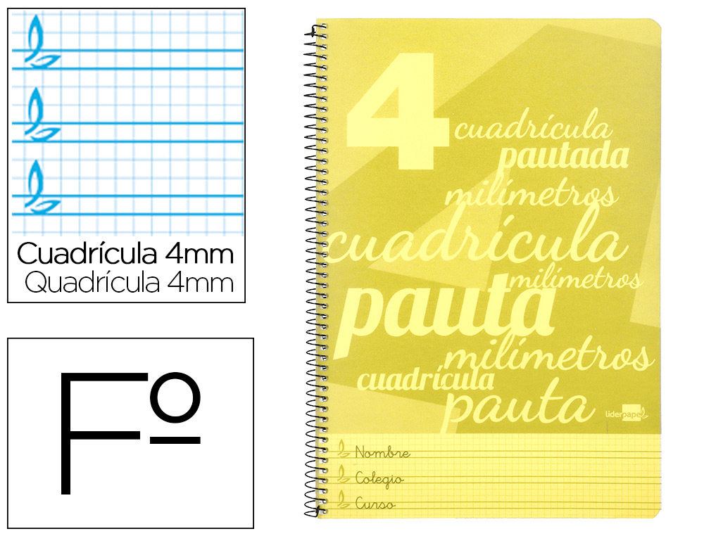 CUADERNOS  FOLIO ***TAPA PLASTICO***AMARILLO*** RAYADO PAUTA GUIA DE 4MM*** LIDERPAPEL
