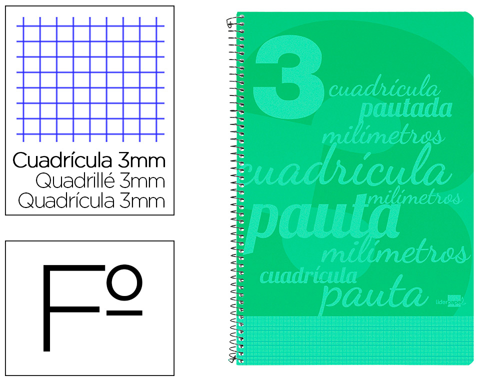 CUADERNOS  FOLIO ***TAPA PLASTICO***VERDE*** RAYADO ***PAUTA GUIA DE 3MM***  LIDERPAPEL