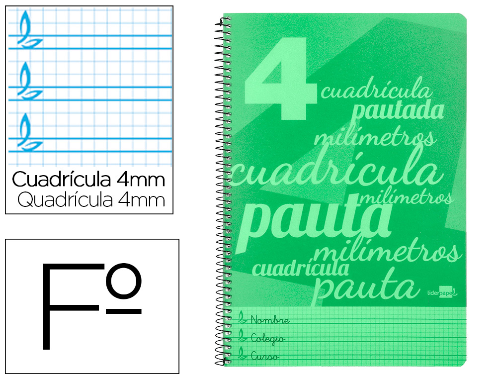 CUADERNOS  FOLIO ***TAPA PLASTICO***VERDE***RAYADO PAUTA GUIA 4MM*** LIDERPAPEL