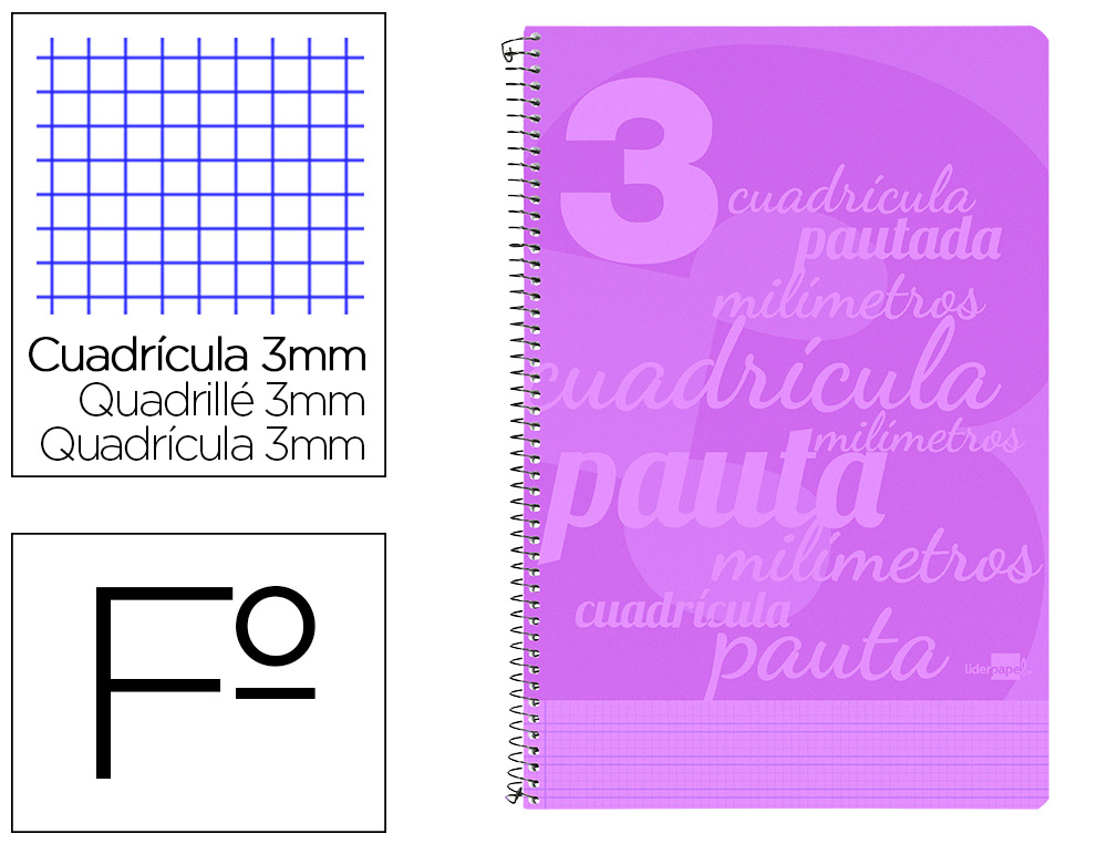 CUADERNOS  FOLIO ***TAPA PLASTICO***VIOLETA*** RAYADO LAMELA 3MM LIDERPAPEL