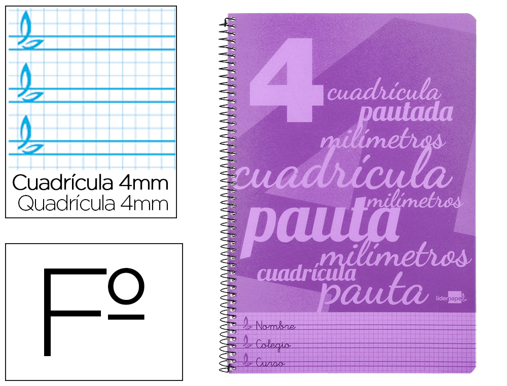 CUADERNOS  FOLIO ***TAPA PLASTICO***VIOLETA***RAYADO PAUTA GUIA DE 4MM*** LIDERPAPEL