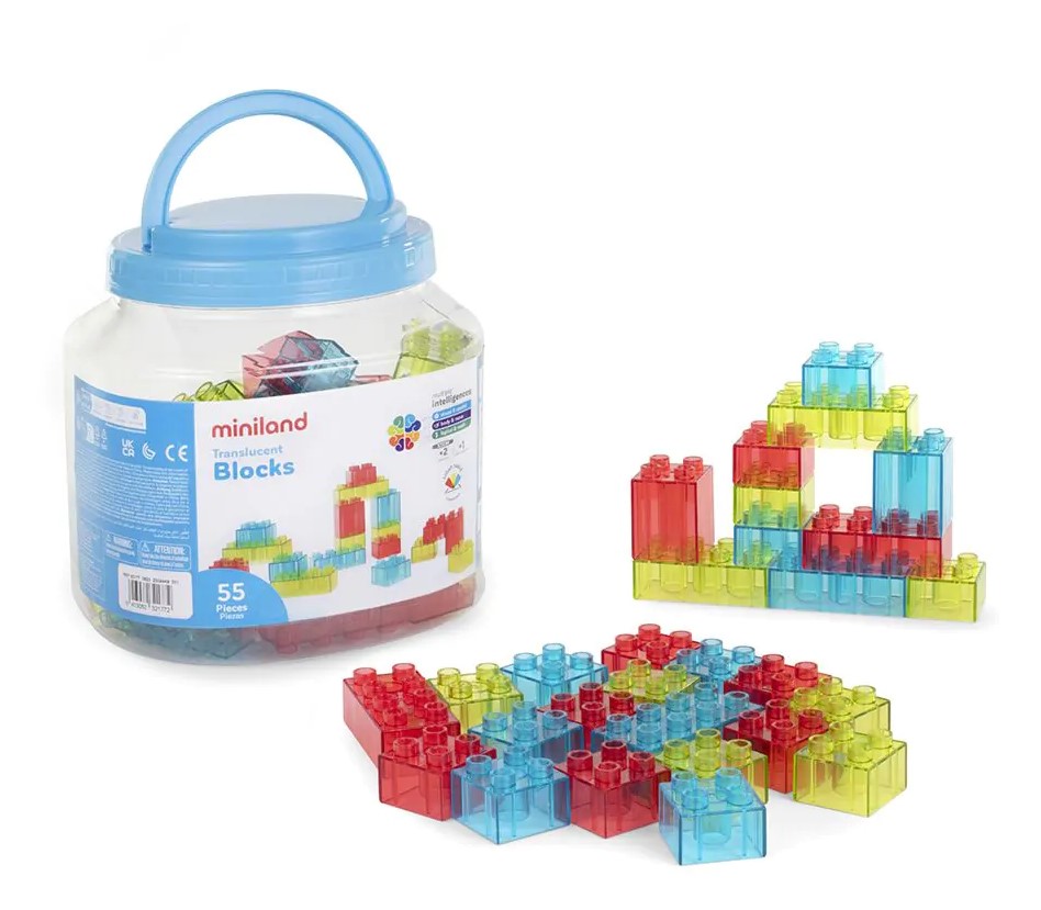 CUBOS BLOQUES TRANSLUCIDOS BOTE DE 55 PIEZAS MINILAND