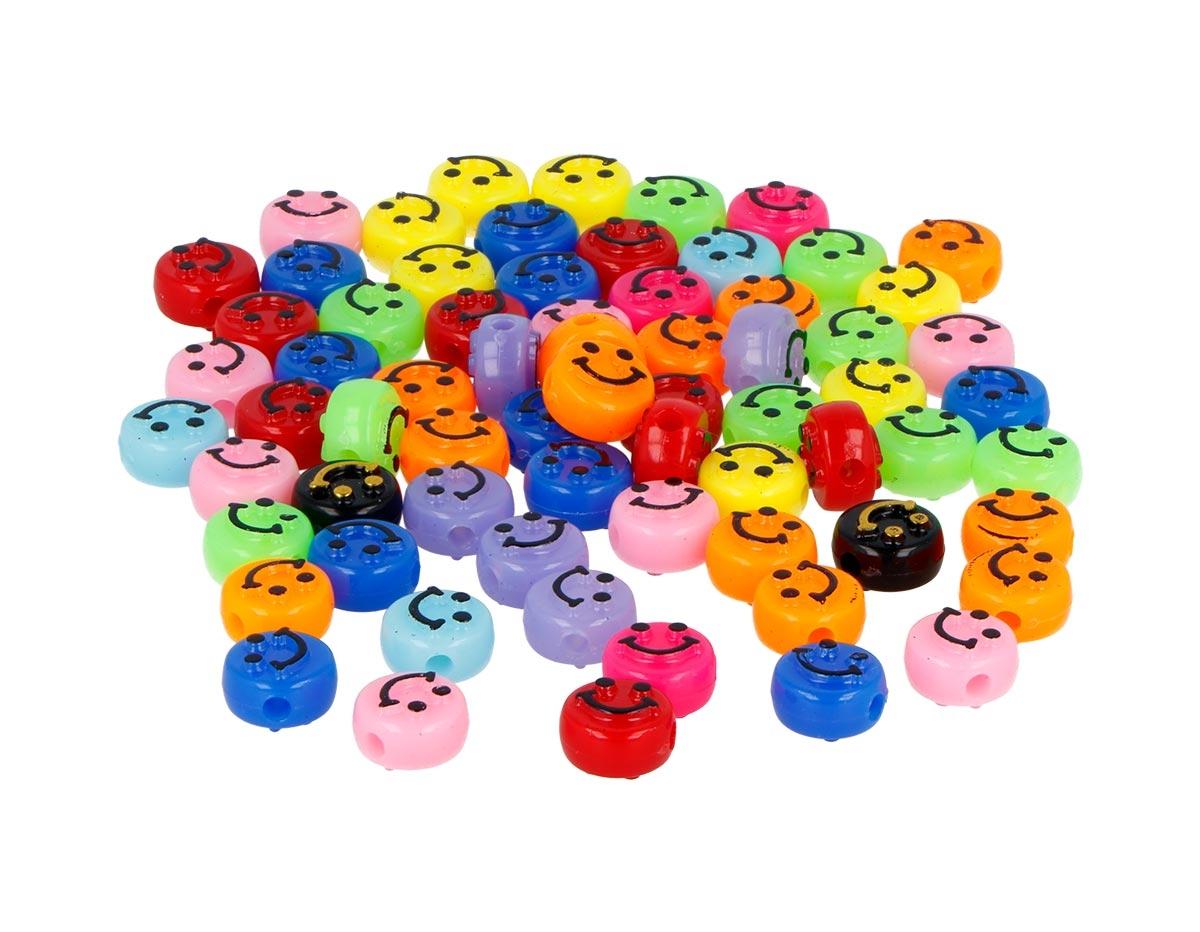 CUENTAS DE PLASTICO REDONDAS ***CARA SONRIENTE*** COLORES SURTIDOS DE 9.5MM BOTE DE 450 UNIDADES