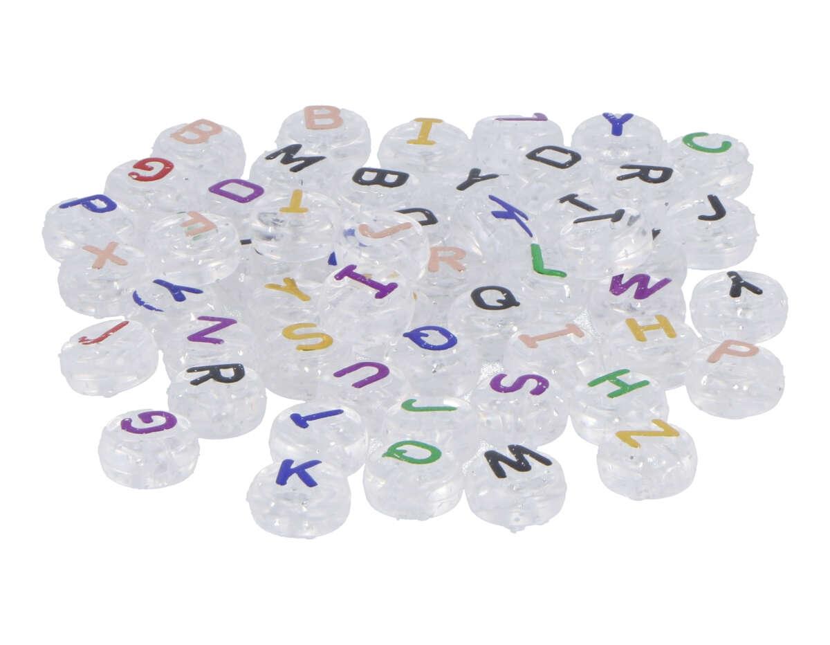 CUENTAS DE PLASTICO REDONDAS ***LETRAS TRANSPARENTES*** COLORES SURTIDOS DE 9.5MM BOTE DE 450 UNIDADES
