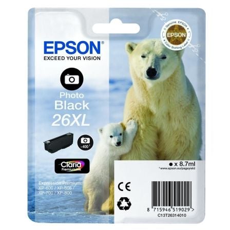 Cartucho de Tinta Original Epson nº26 XL Alta Capacidad/ Negro Fotográfico