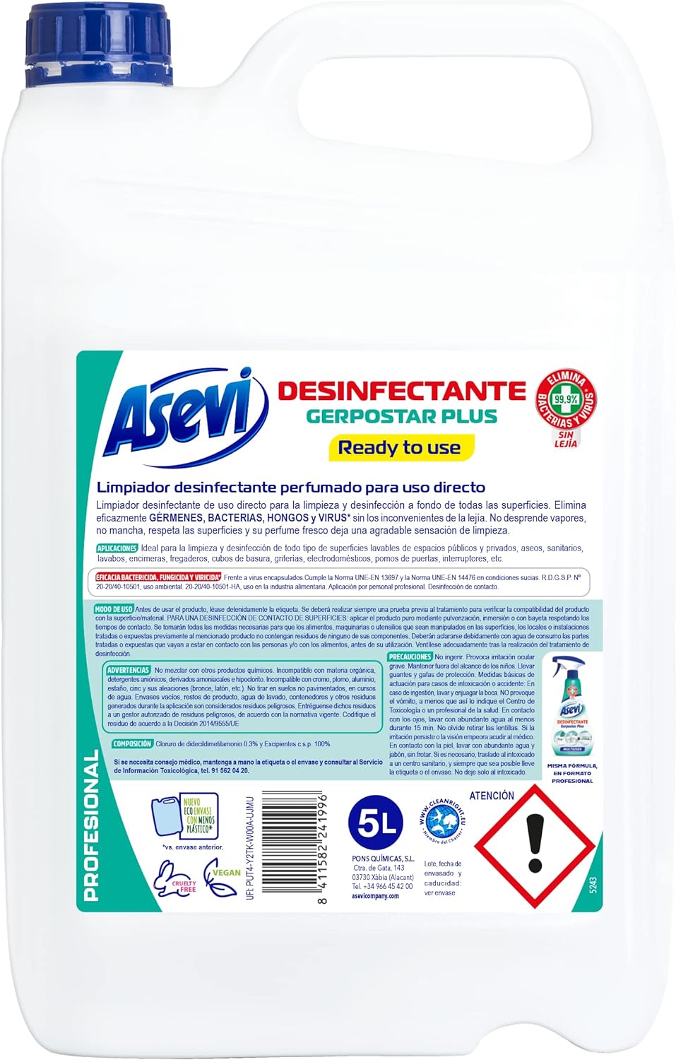 DESINFECTANTE MULTIUSOS ASEVI PROFESIONAL ELIMINA GERMENES Y BACTERIAL DE 5 LITROS