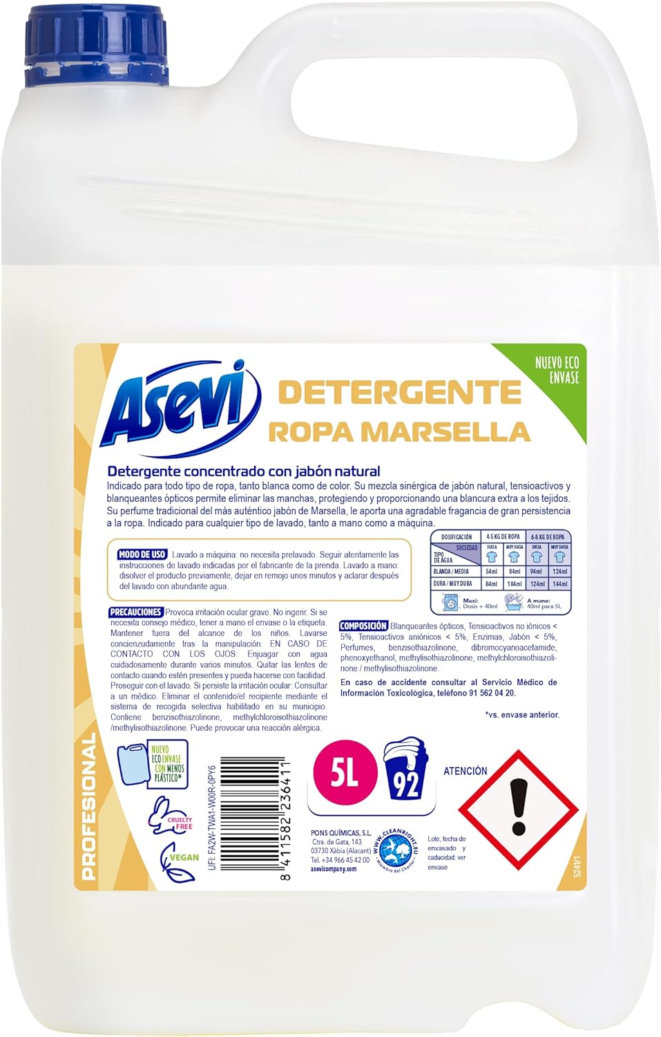 DETERGENTE PROFESIONAL ASERVI JABON MARSELLA DETERGENTE LAVADORA 92 LAVADOS DE 5 LITROS