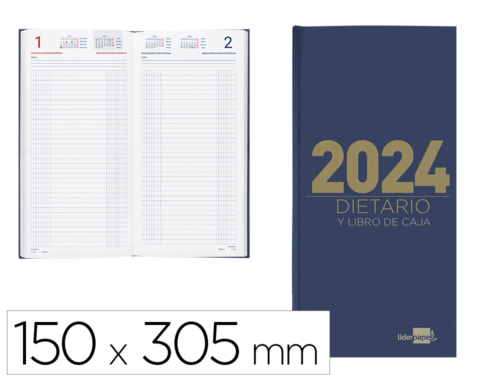 Dietario liderpapel 15x30,5cm 2024 ***dos tercios*** color azul papel 70 gr.